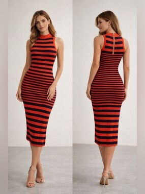 Milly Striped Knit Midi Dress Red Navy Size M